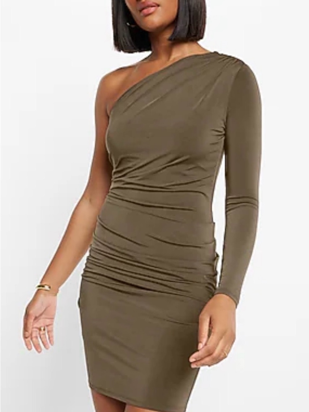 Express Olive One-Shoulder Ruched Bodycon Dress